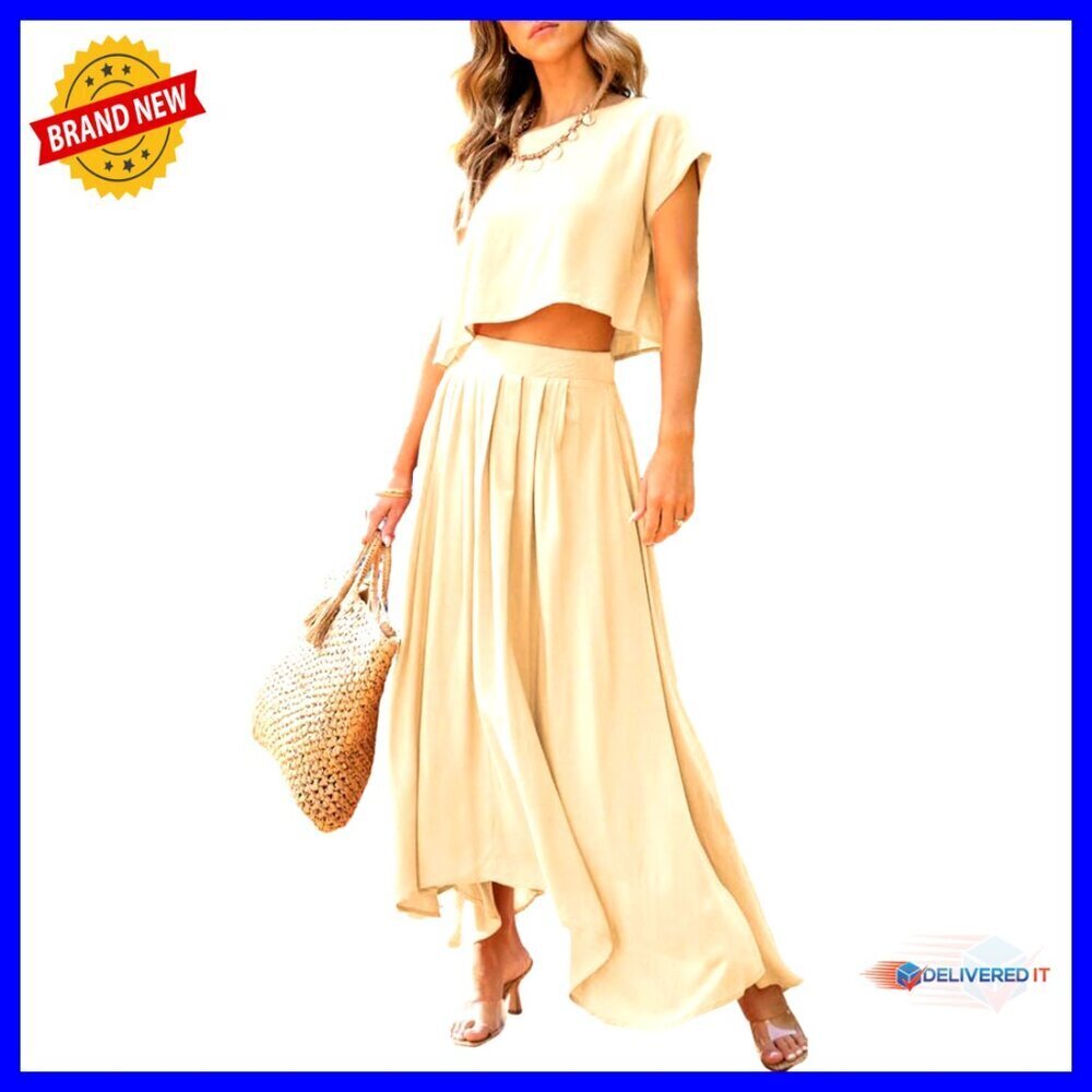 Summer 2 Piece Set Crewneck Top Maxi Skirt Outfit Chic Casual Lightweight
